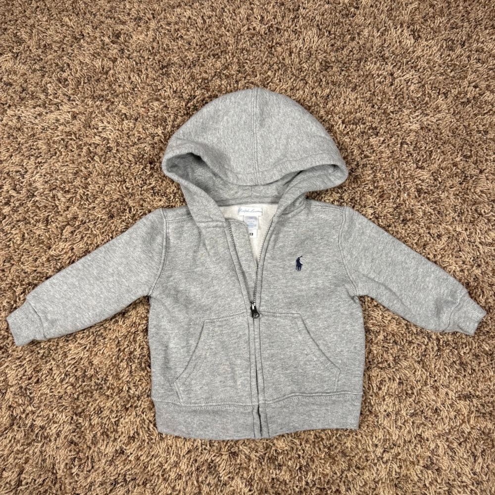 Ralph Lauren Baby Boys Heather Gray Full Zip Fleece Hoodie 9M Pony Logo